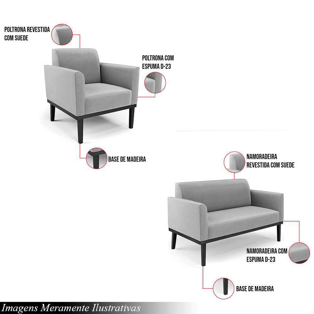 Conjunto 2 Poltronas e 1 Namoradeira Decorativa Isabella Pés Fixo em Madeira Preto Suede Cinza G19 - Gran Belo