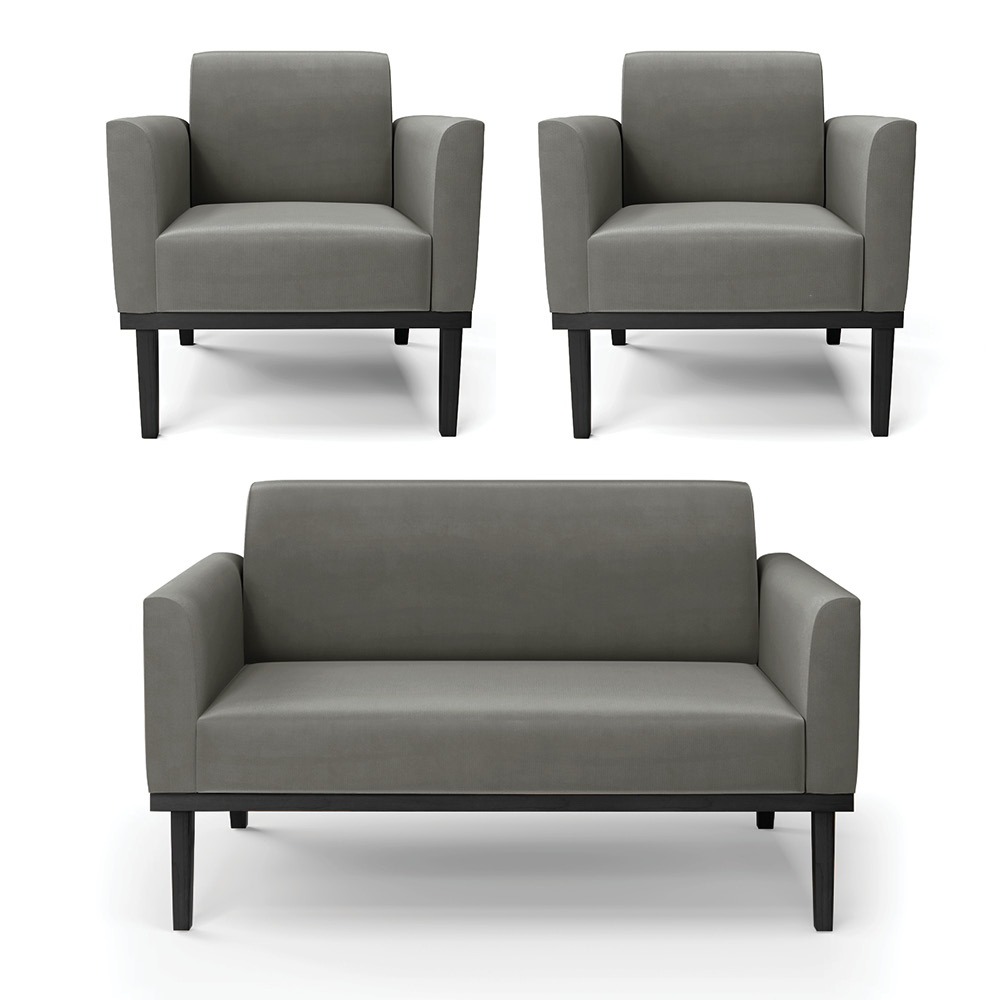Conjunto 2 Poltronas e 1 Namoradeira Decorativa Isabella Pés Fixo em Madeira Preto Suede Grafite G19 - Gran Belo