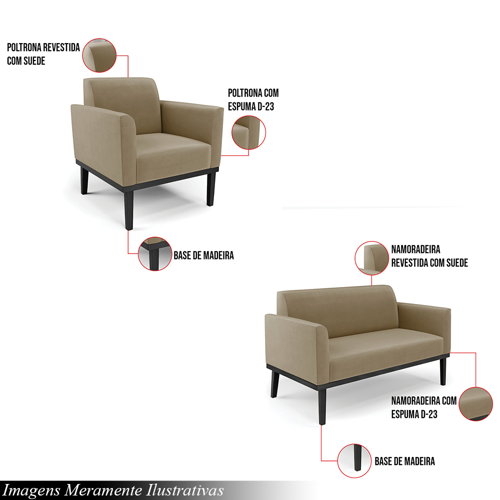 Conjunto 2 Poltronas e 1 Namoradeira Decorativa Isabella Pés Fixo em Madeira Preto Suede Nude G19 - Gran Belo