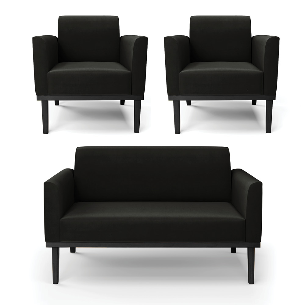 Conjunto 2 Poltronas e 1 Namoradeira Decorativa Isabella Pés Fixo em Madeira Preto Suede Preto G19 - Gran Belo