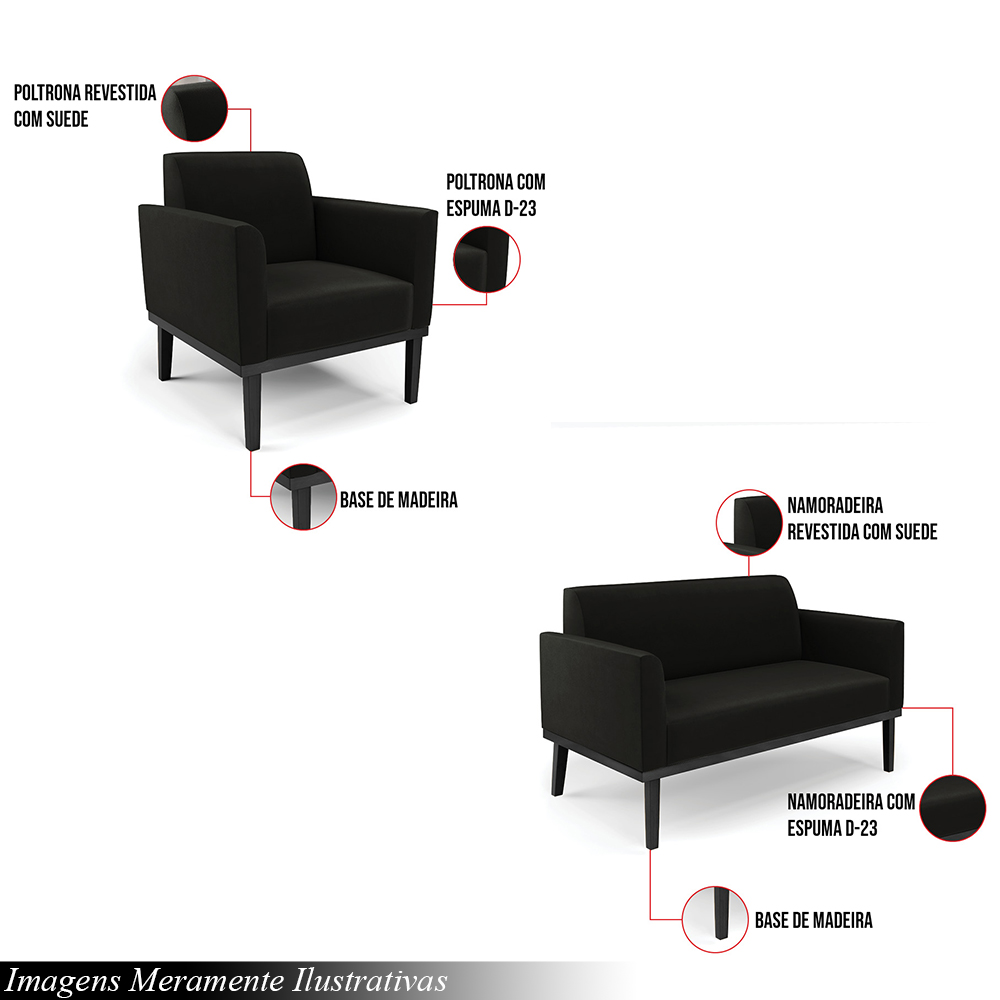 Conjunto 2 Poltronas e 1 Namoradeira Decorativa Isabella Pés Fixo em Madeira Preto Suede Preto G19 - Gran Belo