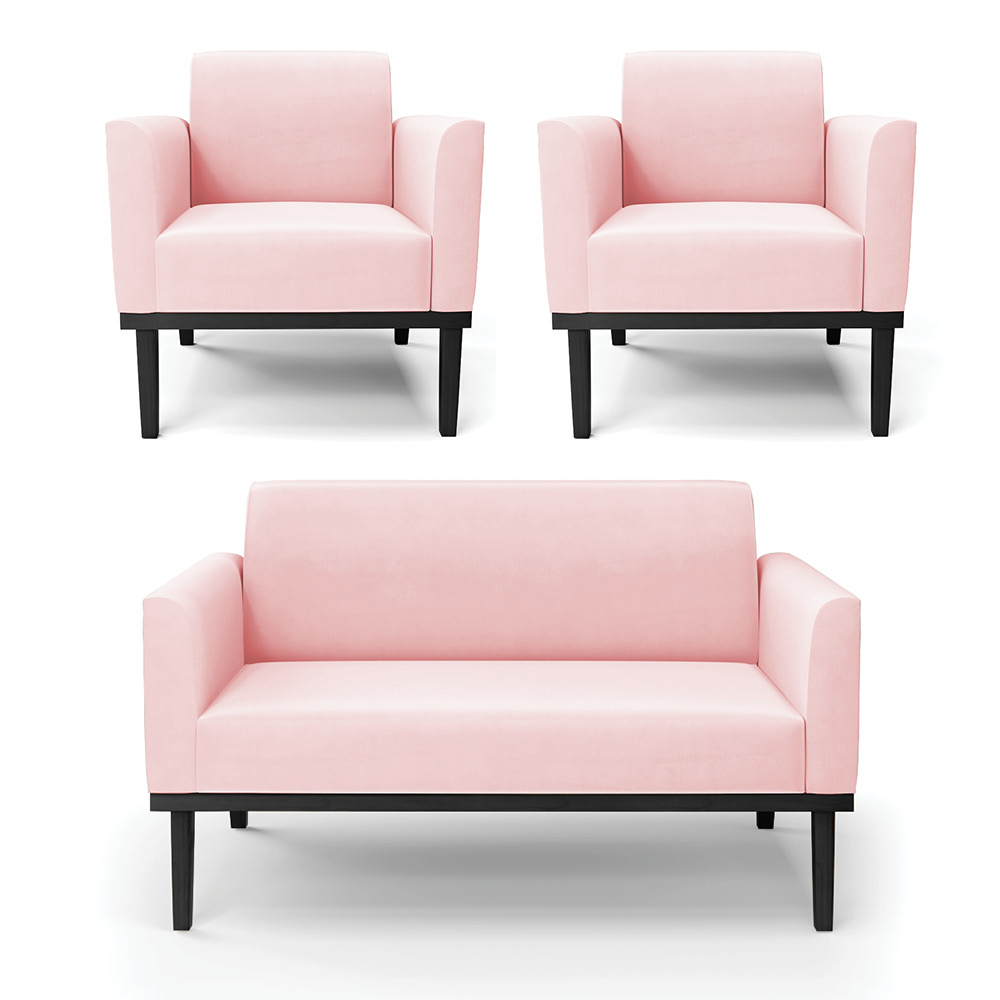 Conjunto 2 Poltronas e 1 Namoradeira Decorativa Isabella Pés Fixo em Madeira Preto Suede Rosa Bebê G19 - Gran Belo