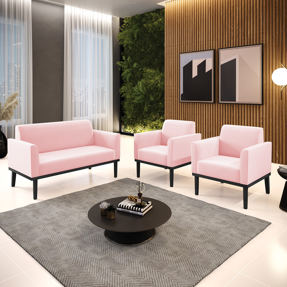 Conjunto 2 Poltronas e 1 Namoradeira Decorativa Isabella Pés Fixo em Madeira Preto Suede Rosa Bebê G19 - Gran Belo