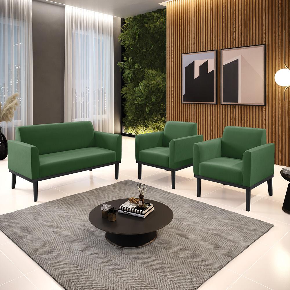 Conjunto 2 Poltronas e 1 Namoradeira Decorativa Isabella Pés Fixo em Madeira Preto Suede Verde G19 - Gran Belo