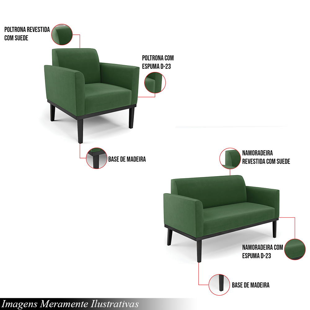 Conjunto 2 Poltronas e 1 Namoradeira Decorativa Isabella Pés Fixo em Madeira Preto Suede Verde G19 - Gran Belo
