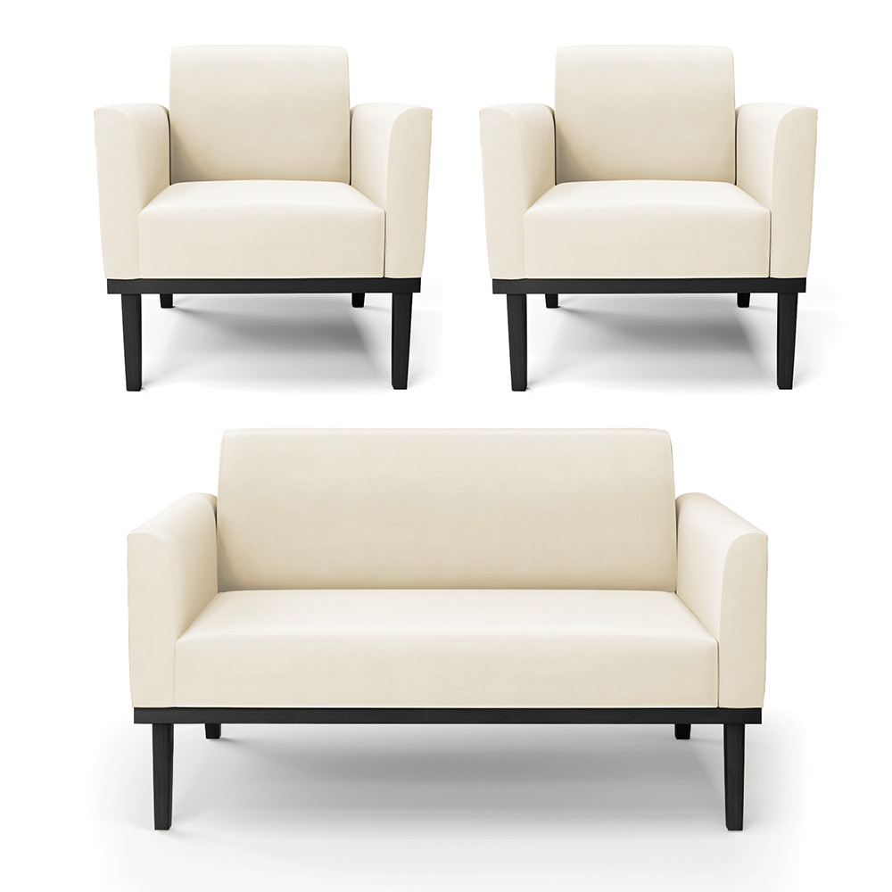 Conjunto 2 Poltronas e 1 Namoradeira Decorativa Isabella Pés Fixo em Madeira Preto Veludo Bege G19 - Gran Belo