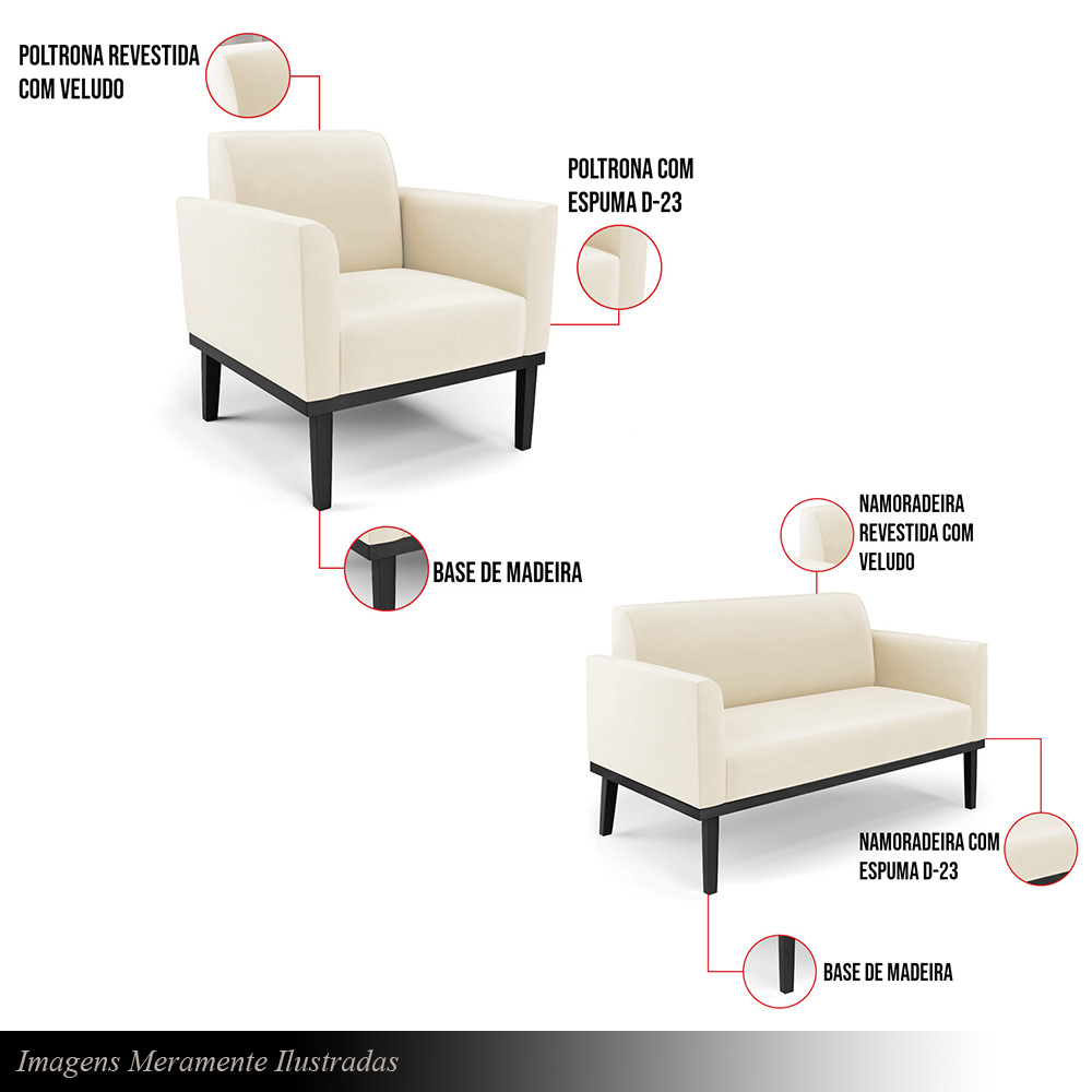 Conjunto 2 Poltronas e 1 Namoradeira Decorativa Isabella Pés Fixo em Madeira Preto Veludo Bege G19 - Gran Belo