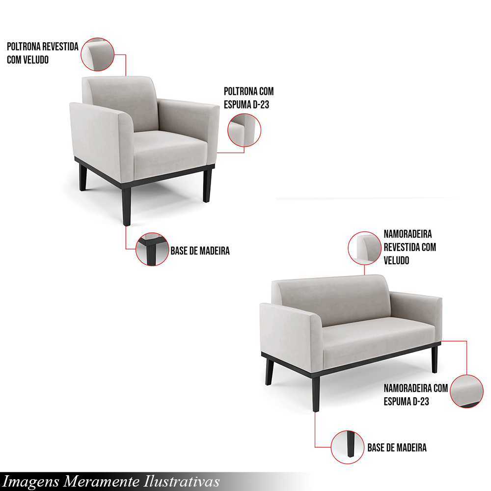 Conjunto 2 Poltronas e 1 Namoradeira Decorativa Isabella Pés Fixo em Madeira Preto Veludo Cinza G19 - Gran Belo