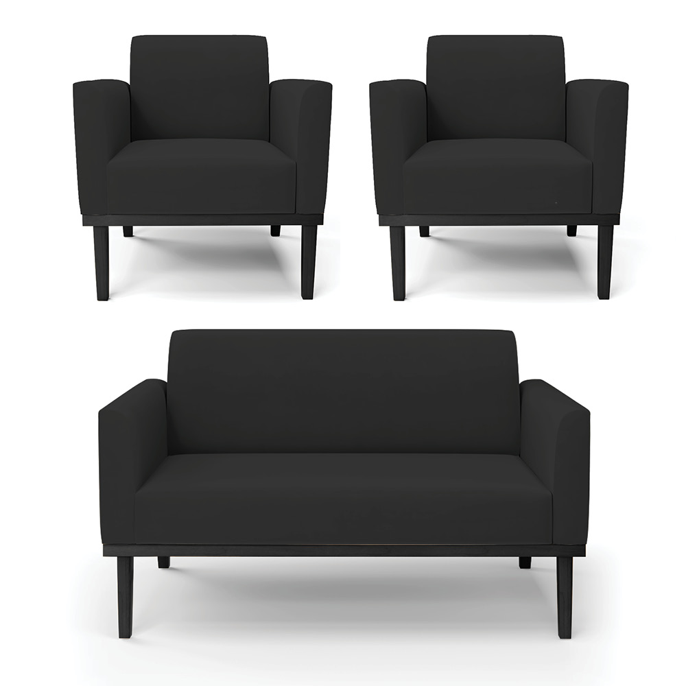 Conjunto 2 Poltronas e 1 Namoradeira Decorativa Isabella Pés Fixo em Madeira Preto Veludo Preto G19 - Gran Belo