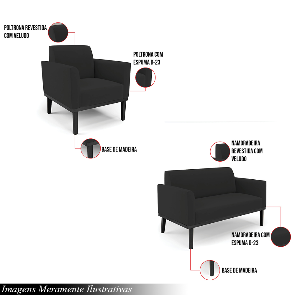 Conjunto 2 Poltronas e 1 Namoradeira Decorativa Isabella Pés Fixo em Madeira Preto Veludo Preto G19 - Gran Belo