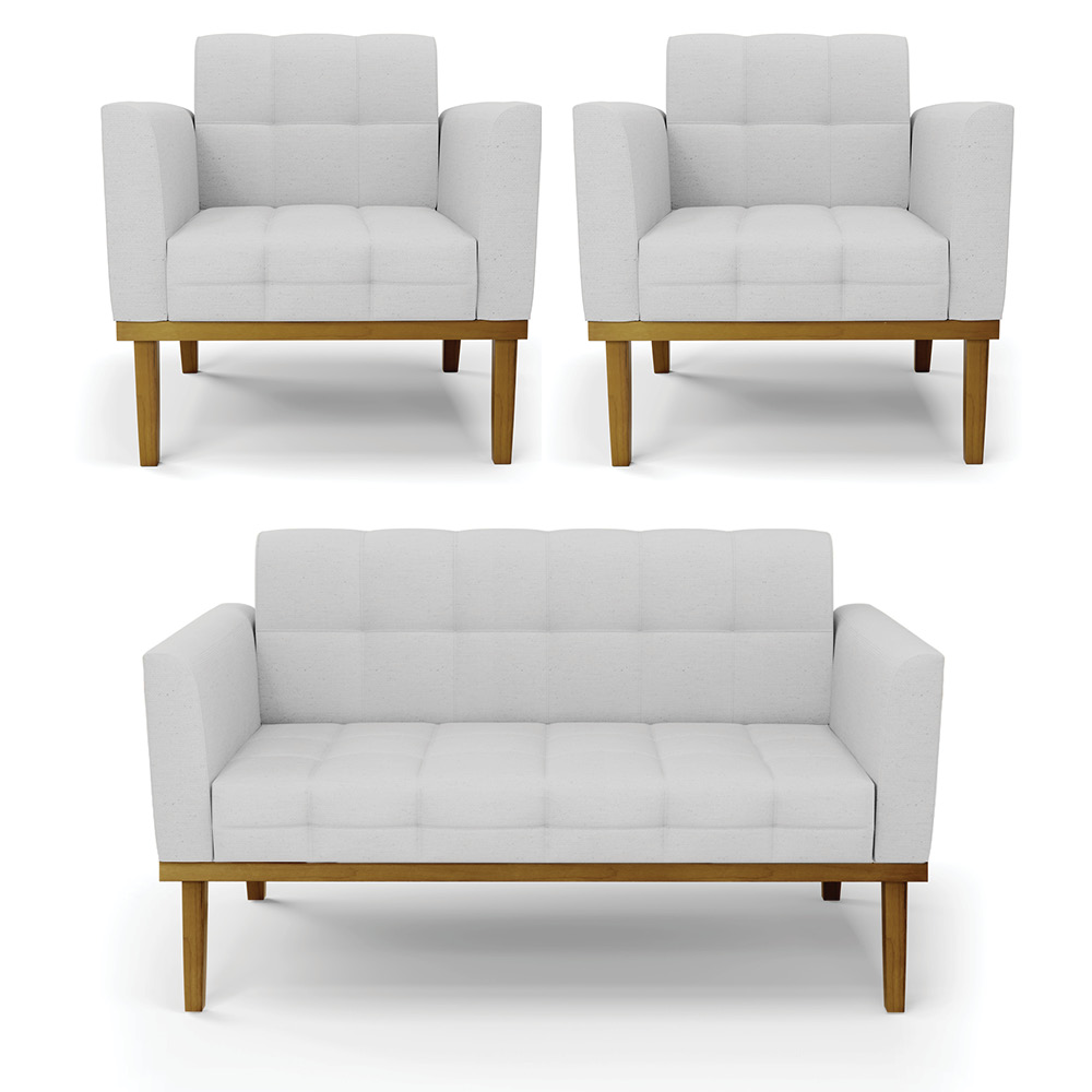 Conjunto 2 Poltronas e 1 Namoradeira Decorativa Karen Pés Fixo em Madeira Castanho Linho Cinza G19 - Gran Belo