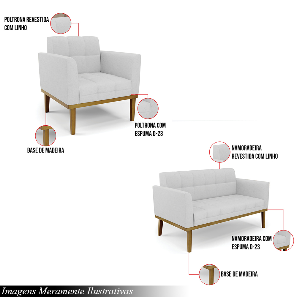 Conjunto 2 Poltronas e 1 Namoradeira Decorativa Karen Pés Fixo em Madeira Castanho Linho Cinza G19 - Gran Belo