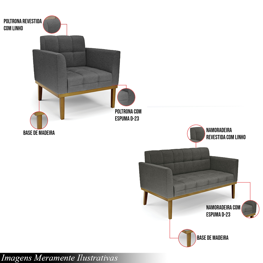 Conjunto 2 Poltronas e 1 Namoradeira Decorativa Karen Pés Fixo em Madeira Castanho Linho Cinza Mesclado G19 - Gran Belo