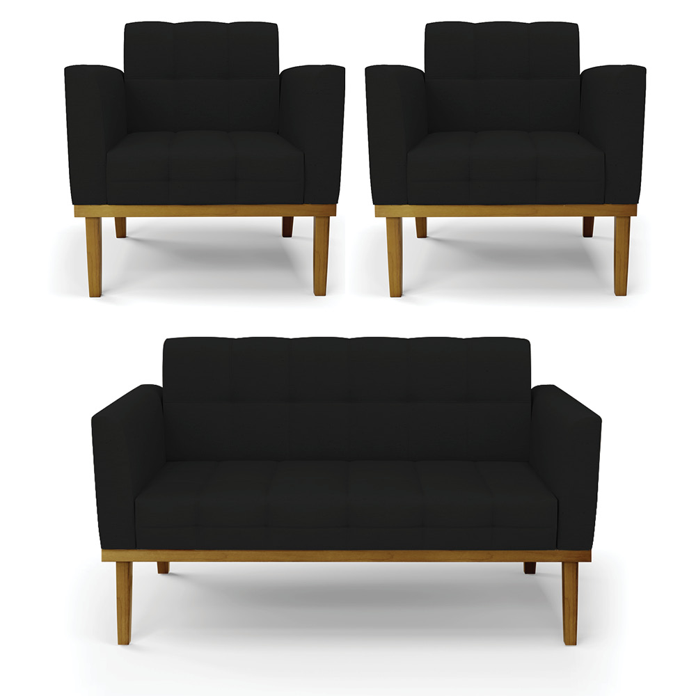 Conjunto 2 Poltronas e 1 Namoradeira Decorativa Karen Pés Fixo em Madeira Castanho Linho Preto G19 - Gran Belo