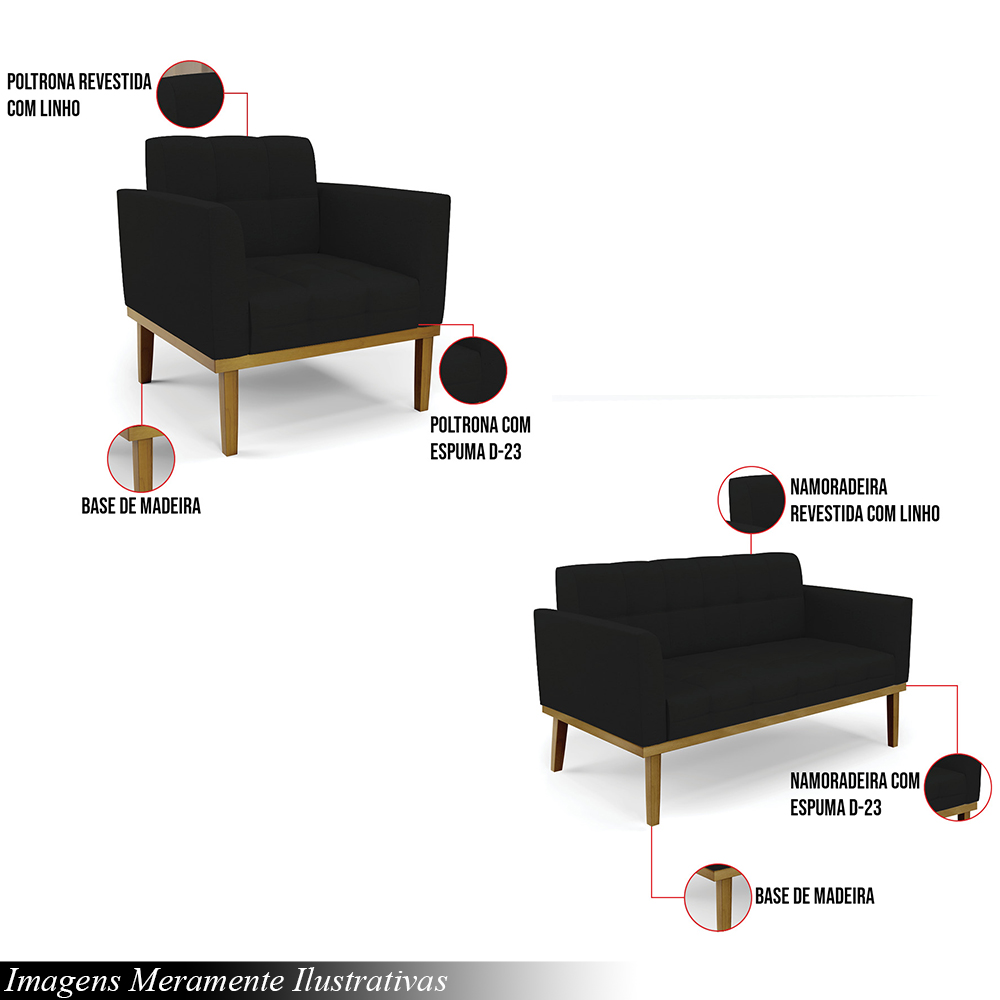 Conjunto 2 Poltronas e 1 Namoradeira Decorativa Karen Pés Fixo em Madeira Castanho Linho Preto G19 - Gran Belo