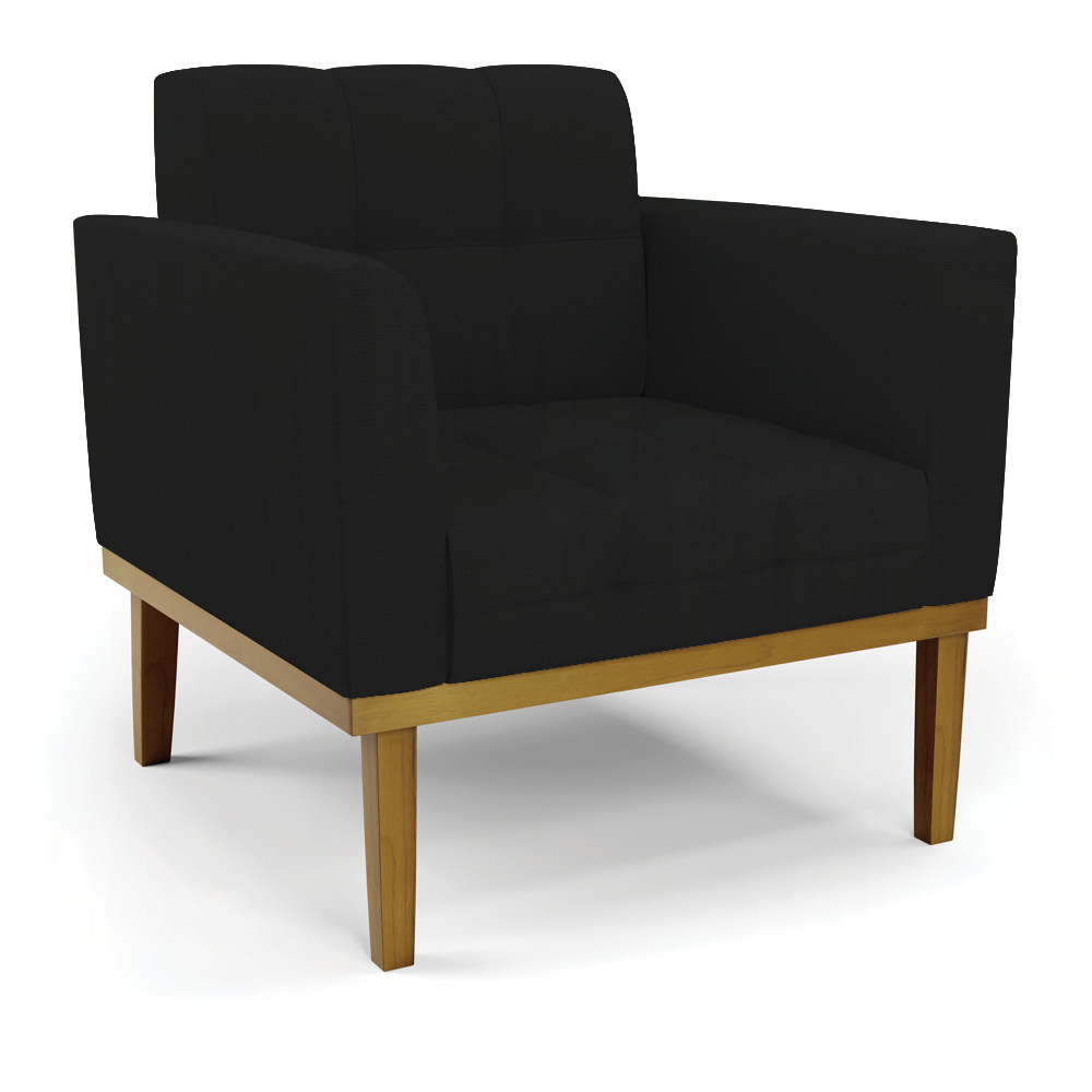 Conjunto 2 Poltronas e 1 Namoradeira Decorativa Karen Pés Fixo em Madeira Castanho Linho Preto G19 - Gran Belo