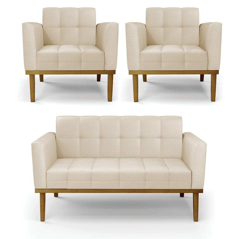 Conjunto 2 Poltronas e 1 Namoradeira Decorativa Karen Pés Fixo em Madeira Castanho PU Bege G19 - Gran Belo