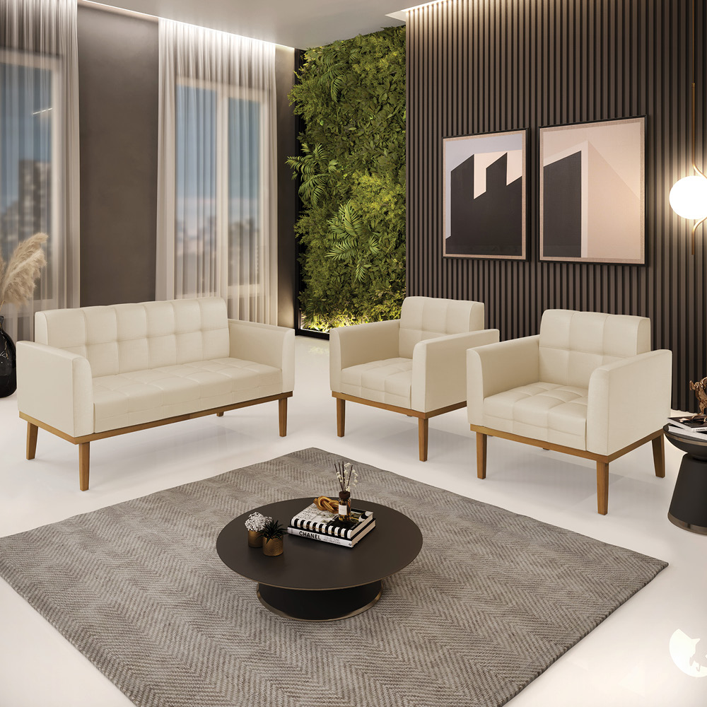 Conjunto 2 Poltronas e 1 Namoradeira Decorativa Karen Pés Fixo em Madeira Castanho PU Bege G19 - Gran Belo
