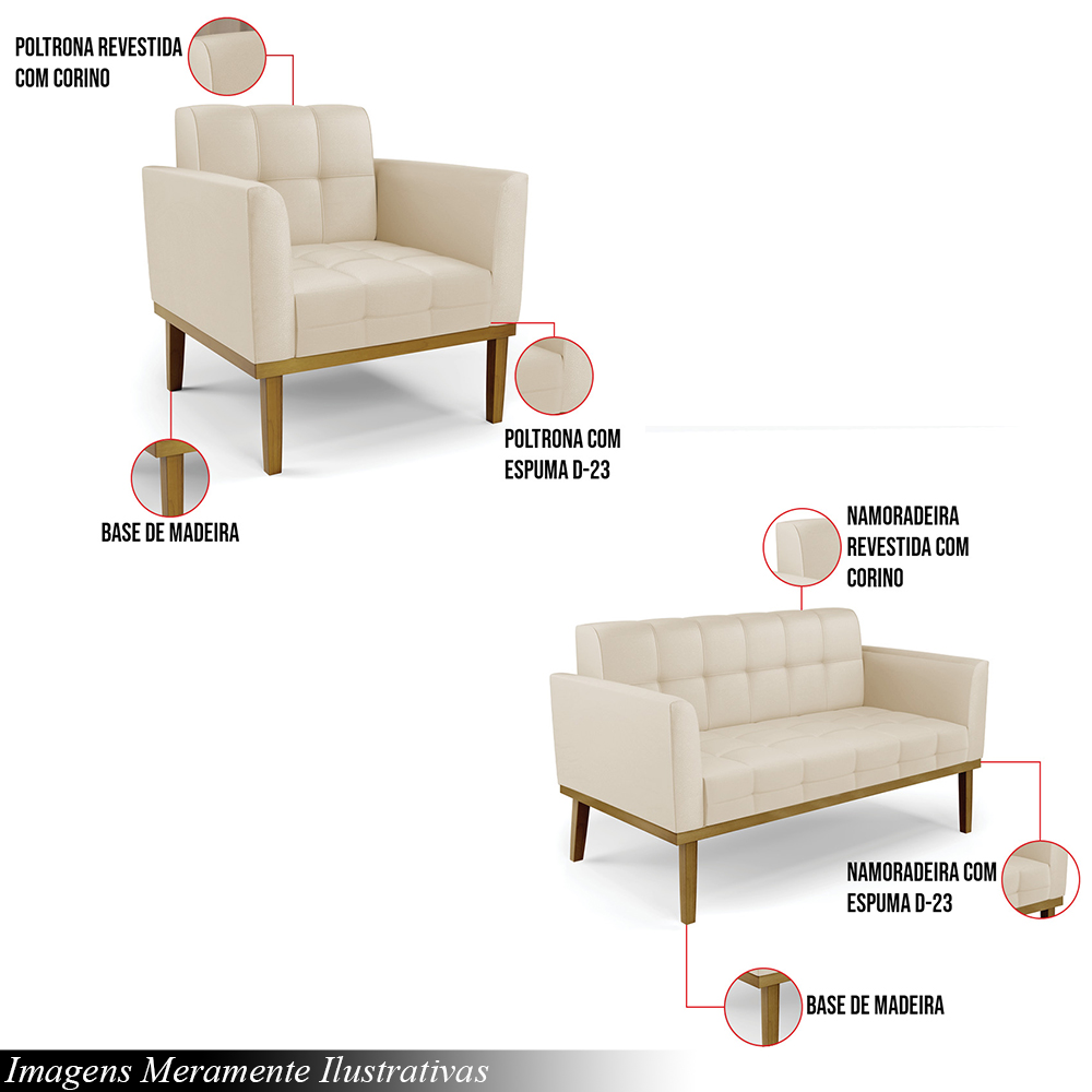 Conjunto 2 Poltronas e 1 Namoradeira Decorativa Karen Pés Fixo em Madeira Castanho PU Bege G19 - Gran Belo