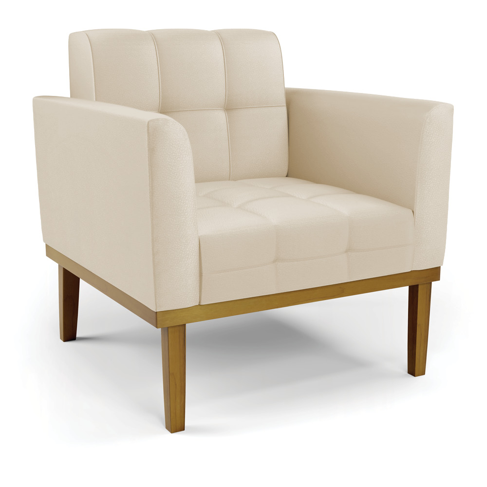 Conjunto 2 Poltronas e 1 Namoradeira Decorativa Karen Pés Fixo em Madeira Castanho PU Bege G19 - Gran Belo
