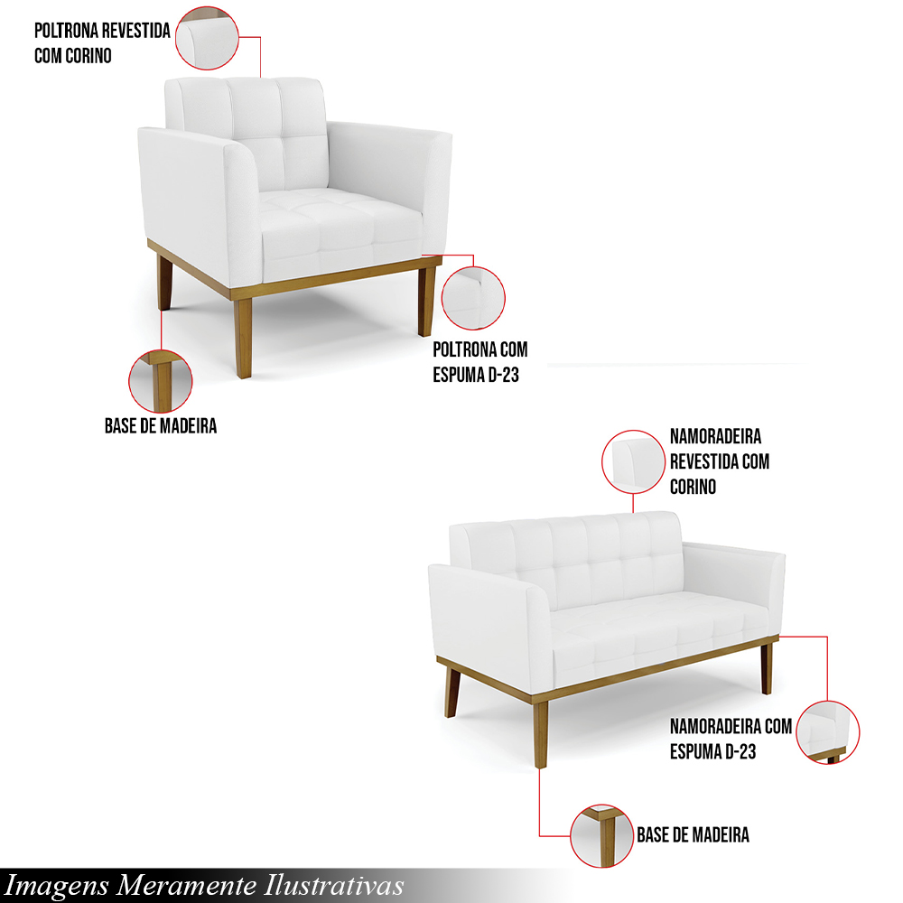 Conjunto 2 Poltronas e 1 Namoradeira Decorativa Karen Pés Fixo em Madeira Castanho PU Branco G19 - Gran Belo