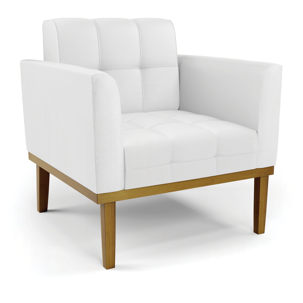Conjunto 2 Poltronas e 1 Namoradeira Decorativa Karen Pés Fixo em Madeira Castanho PU Branco G19 - Gran Belo