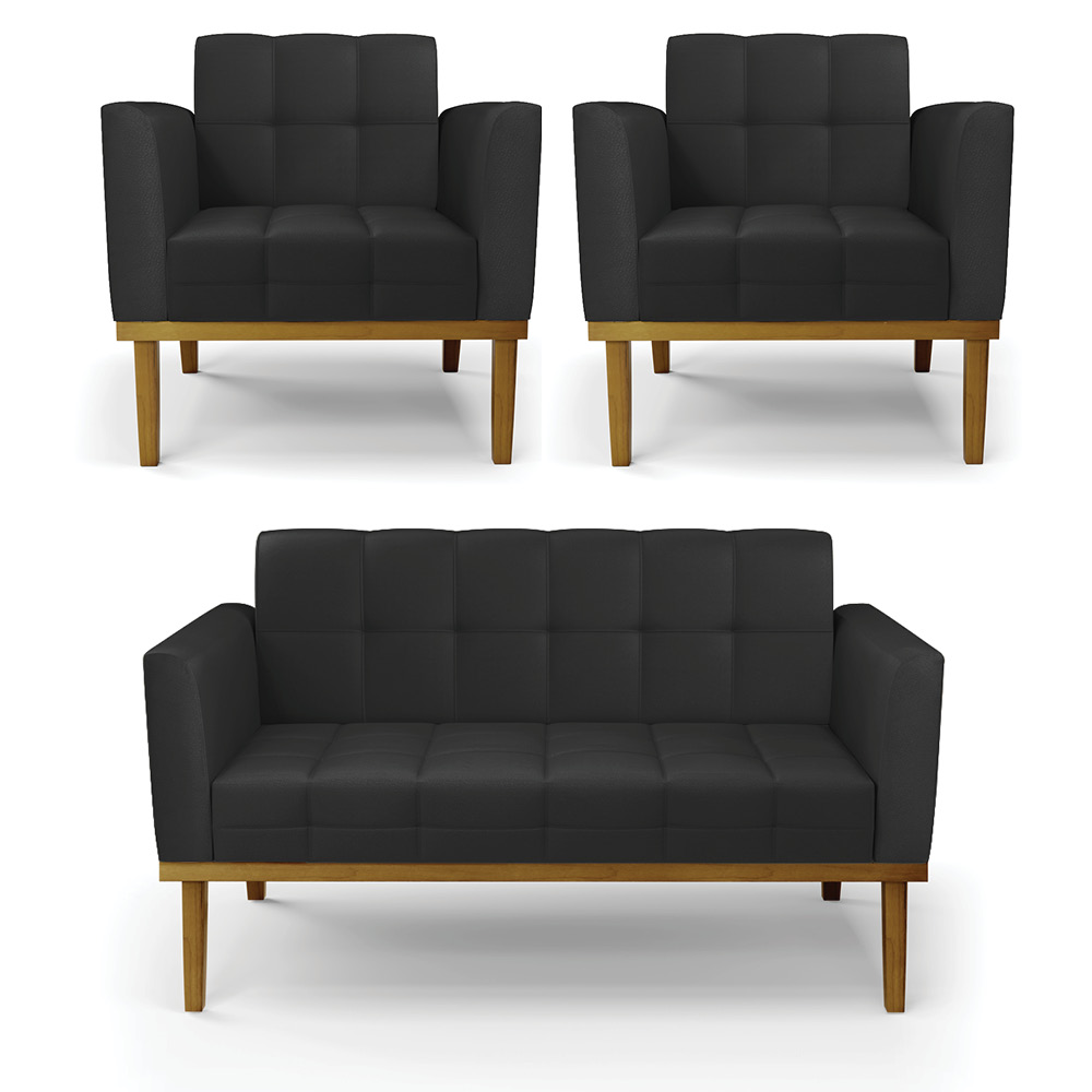 Conjunto 2 Poltronas e 1 Namoradeira Decorativa Karen Pés Fixo em Madeira Castanho PU Preto G19 - Gran Belo