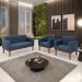 Conjunto 2 Poltronas e 1 Namoradeira Decorativa Karen Pés Fixo em Madeira Castanho Suede Azul Marinho G19 - Gran Belo