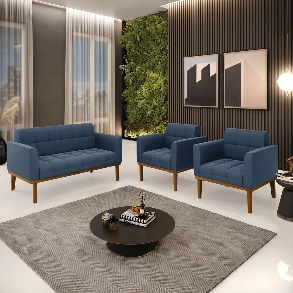 Conjunto 2 Poltronas e 1 Namoradeira Decorativa Karen Pés Fixo em Madeira Castanho Suede Azul Marinho G19 - Gran Belo