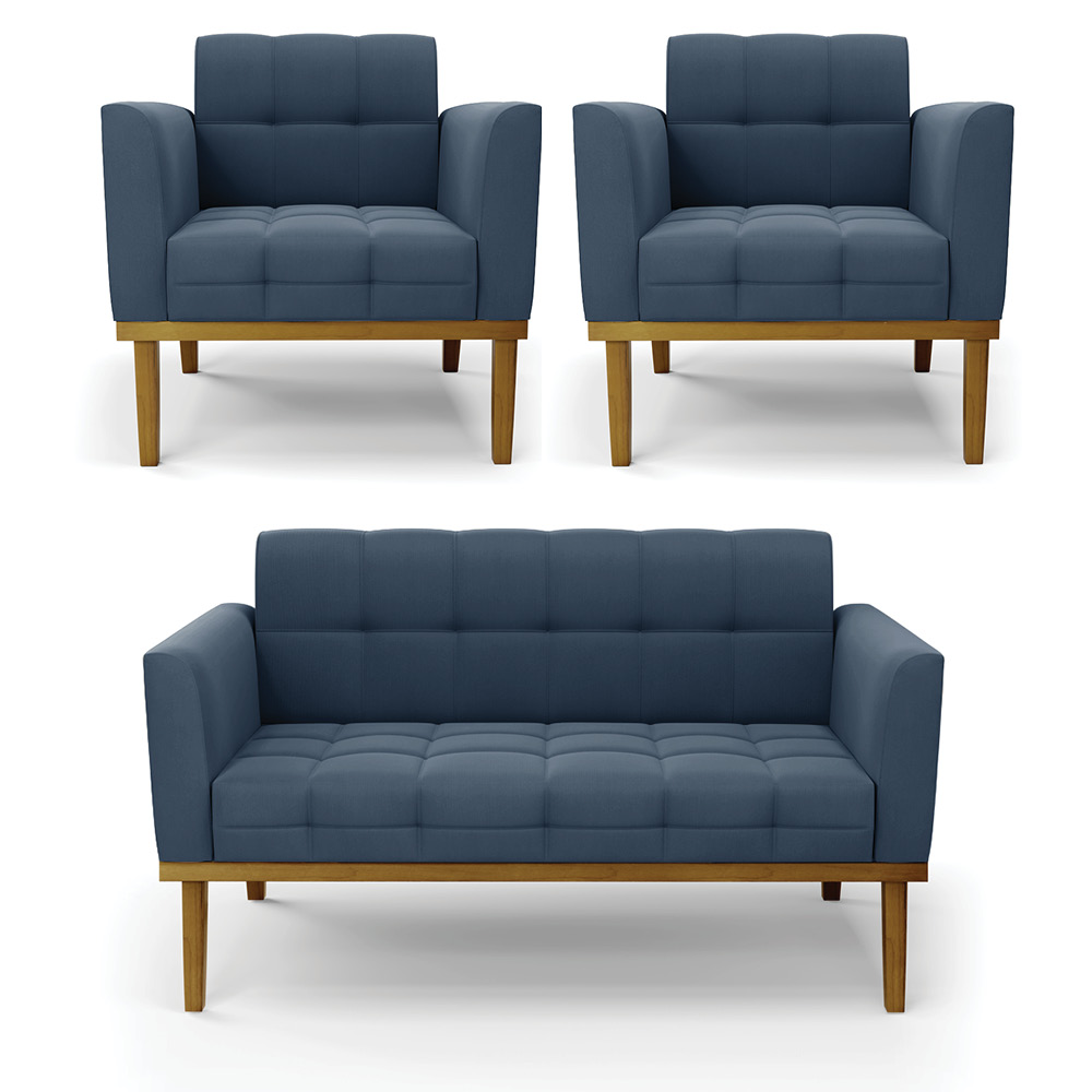 Conjunto 2 Poltronas e 1 Namoradeira Decorativa Karen Pés Fixo em Madeira Castanho Suede Azul Marinho G19 - Gran Belo