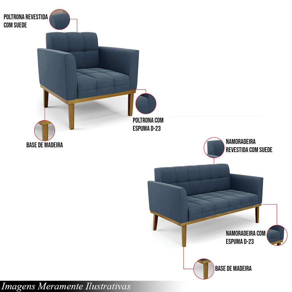 Conjunto 2 Poltronas e 1 Namoradeira Decorativa Karen Pés Fixo em Madeira Castanho Suede Azul Marinho G19 - Gran Belo