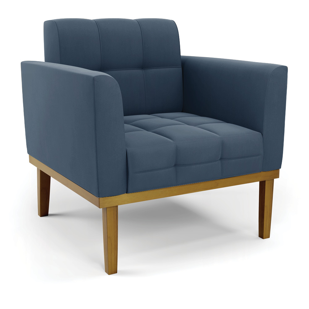 Conjunto 2 Poltronas e 1 Namoradeira Decorativa Karen Pés Fixo em Madeira Castanho Suede Azul Marinho G19 - Gran Belo