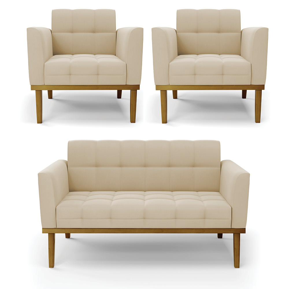 Conjunto 2 Poltronas e 1 Namoradeira Decorativa Karen Pés Fixo em Madeira Castanho Suede Bege G19 - Gran Belo