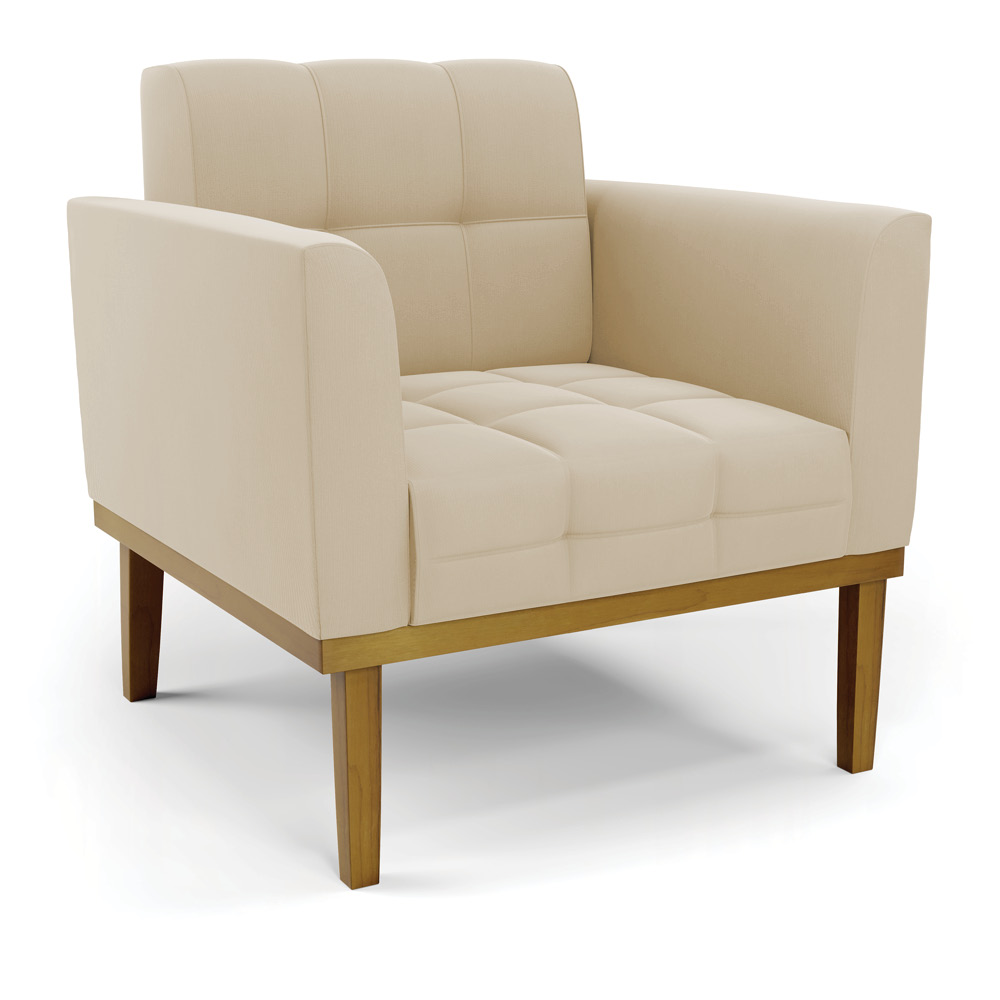 Conjunto 2 Poltronas e 1 Namoradeira Decorativa Karen Pés Fixo em Madeira Castanho Suede Bege G19 - Gran Belo