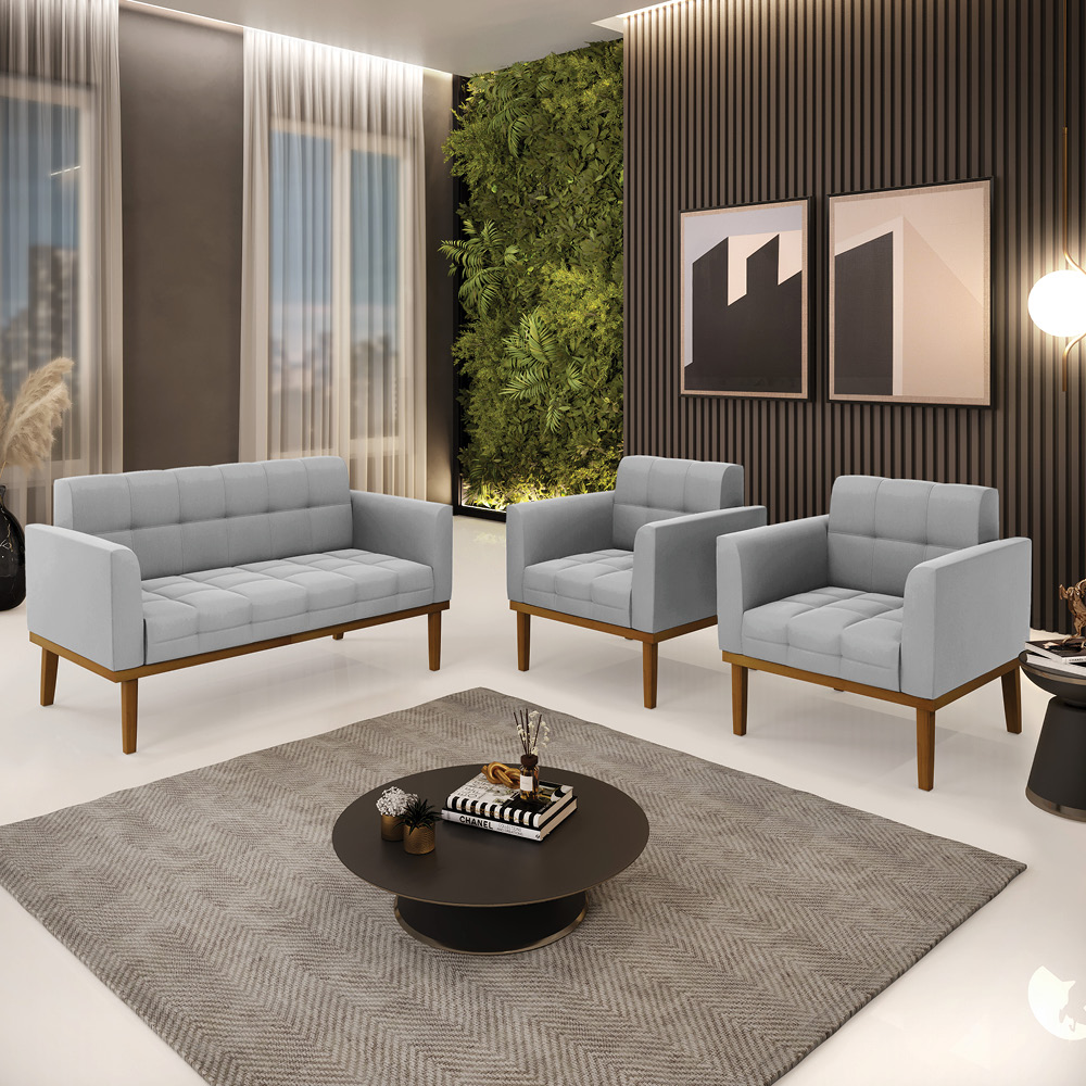 Conjunto 2 Poltronas e 1 Namoradeira Decorativa Karen Pés Fixo em Madeira Castanho Suede Cinza G19 - Gran Belo