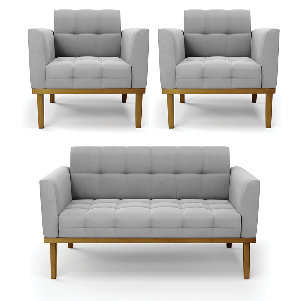 Conjunto 2 Poltronas e 1 Namoradeira Decorativa Karen Pés Fixo em Madeira Castanho Suede Cinza G19 - Gran Belo