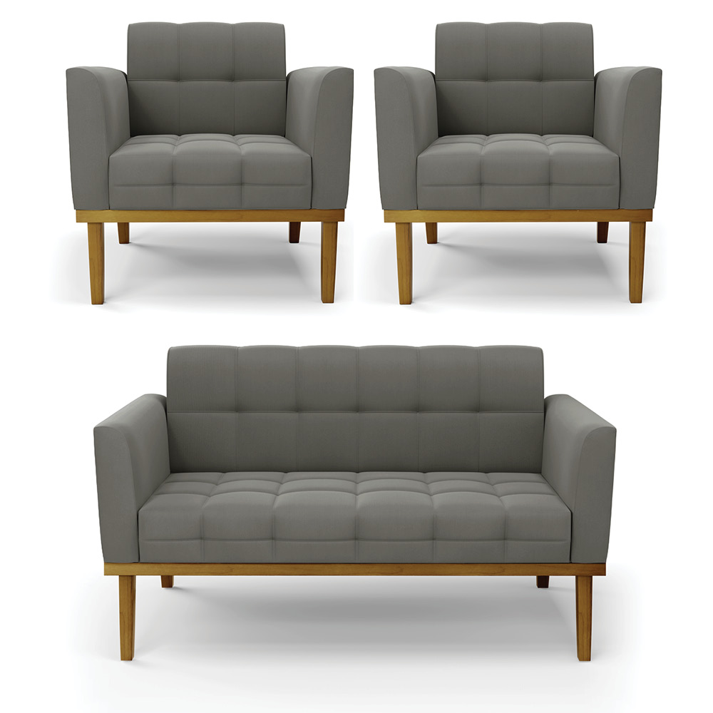 Conjunto 2 Poltronas e 1 Namoradeira Decorativa Karen Pés Fixo em Madeira Castanho Suede Grafite G19 - Gran Belo