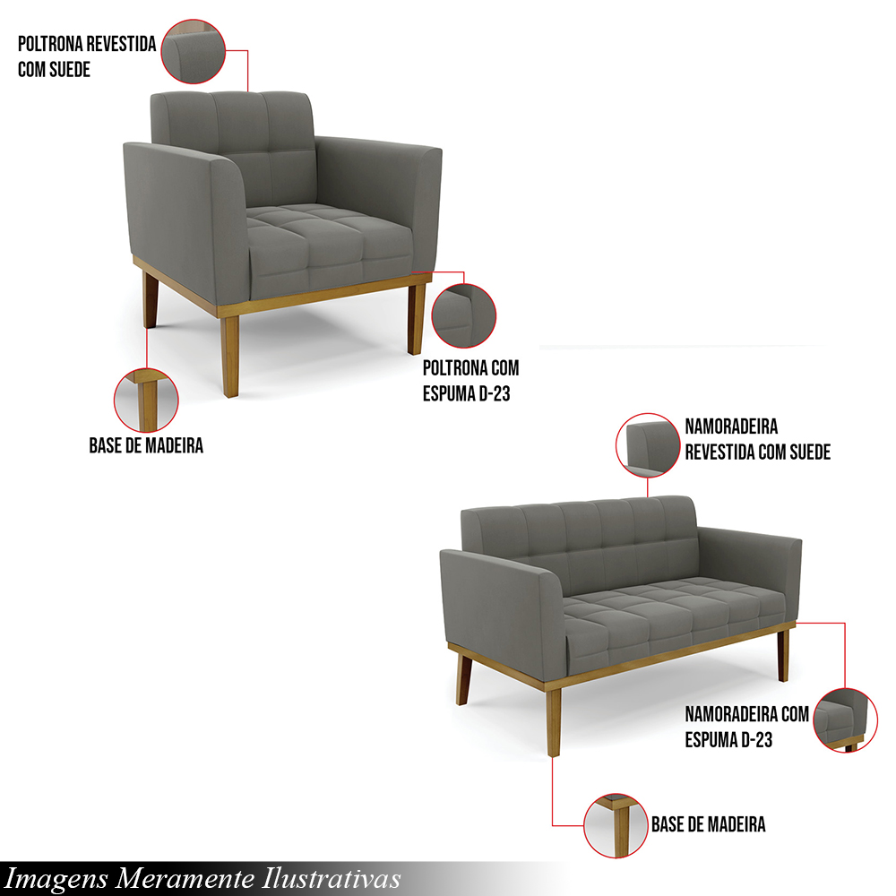Conjunto 2 Poltronas e 1 Namoradeira Decorativa Karen Pés Fixo em Madeira Castanho Suede Grafite G19 - Gran Belo