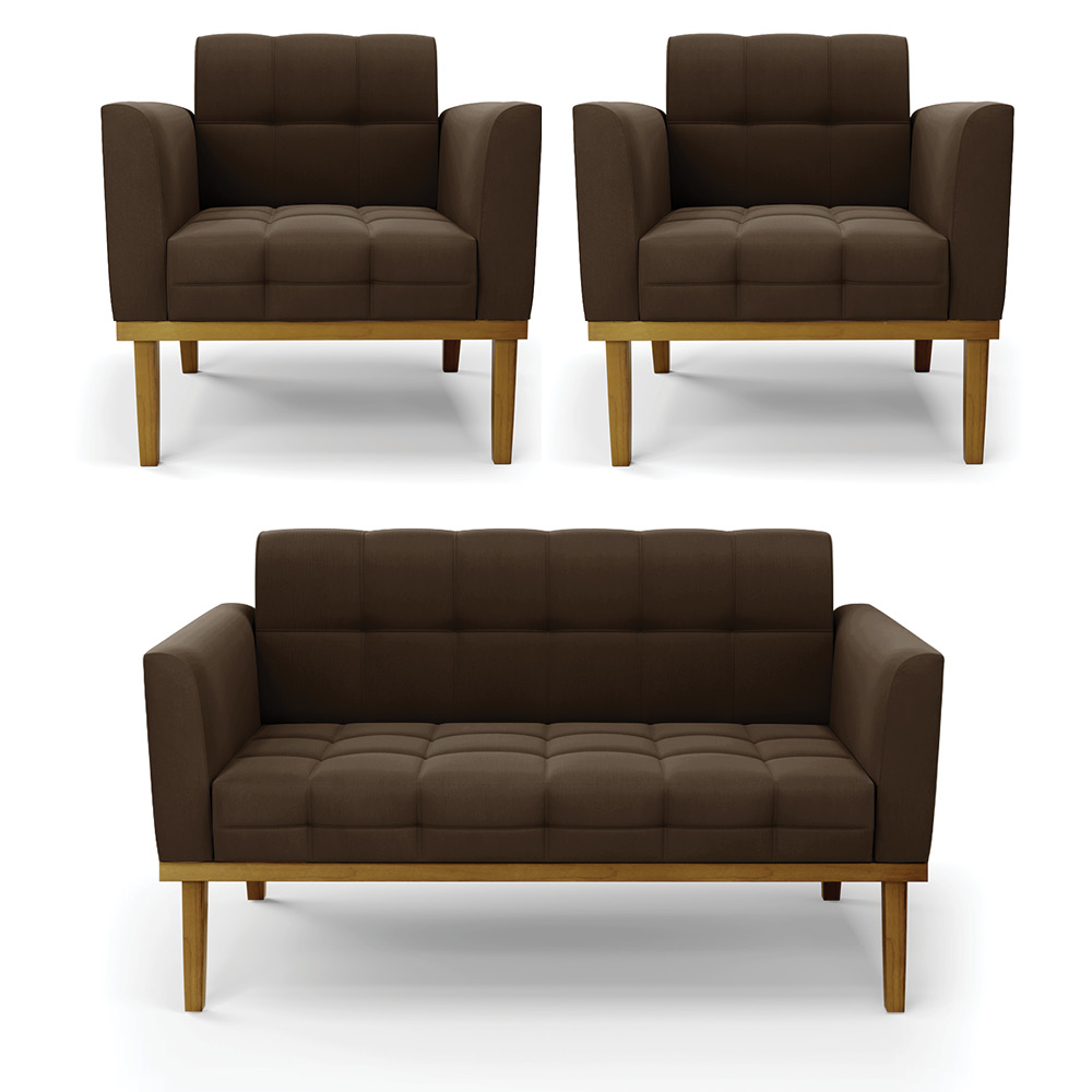 Conjunto 2 Poltronas e 1 Namoradeira Decorativa Karen Pés Fixo em Madeira Castanho Suede Marrom 19 - Gran Belo