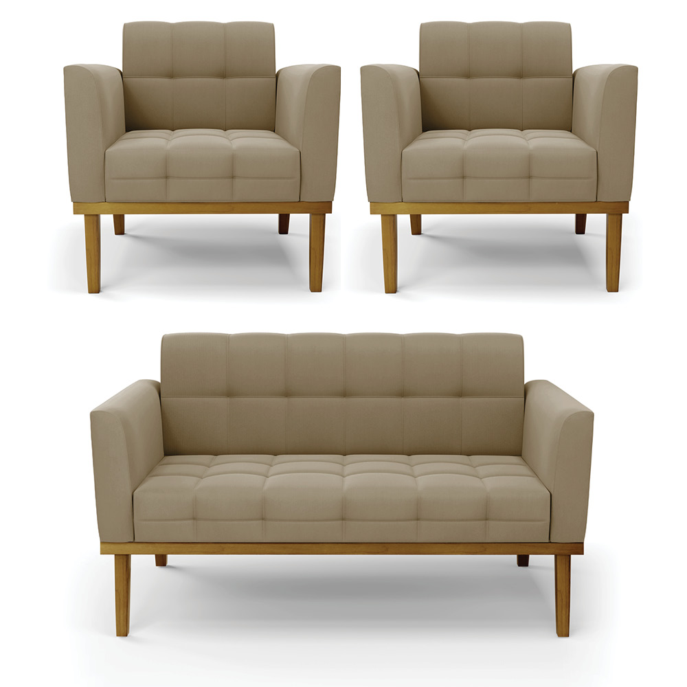 Conjunto 2 Poltronas e 1 Namoradeira Decorativa Karen Pés Fixo em Madeira Castanho Suede Nude G19 - Gran Belo