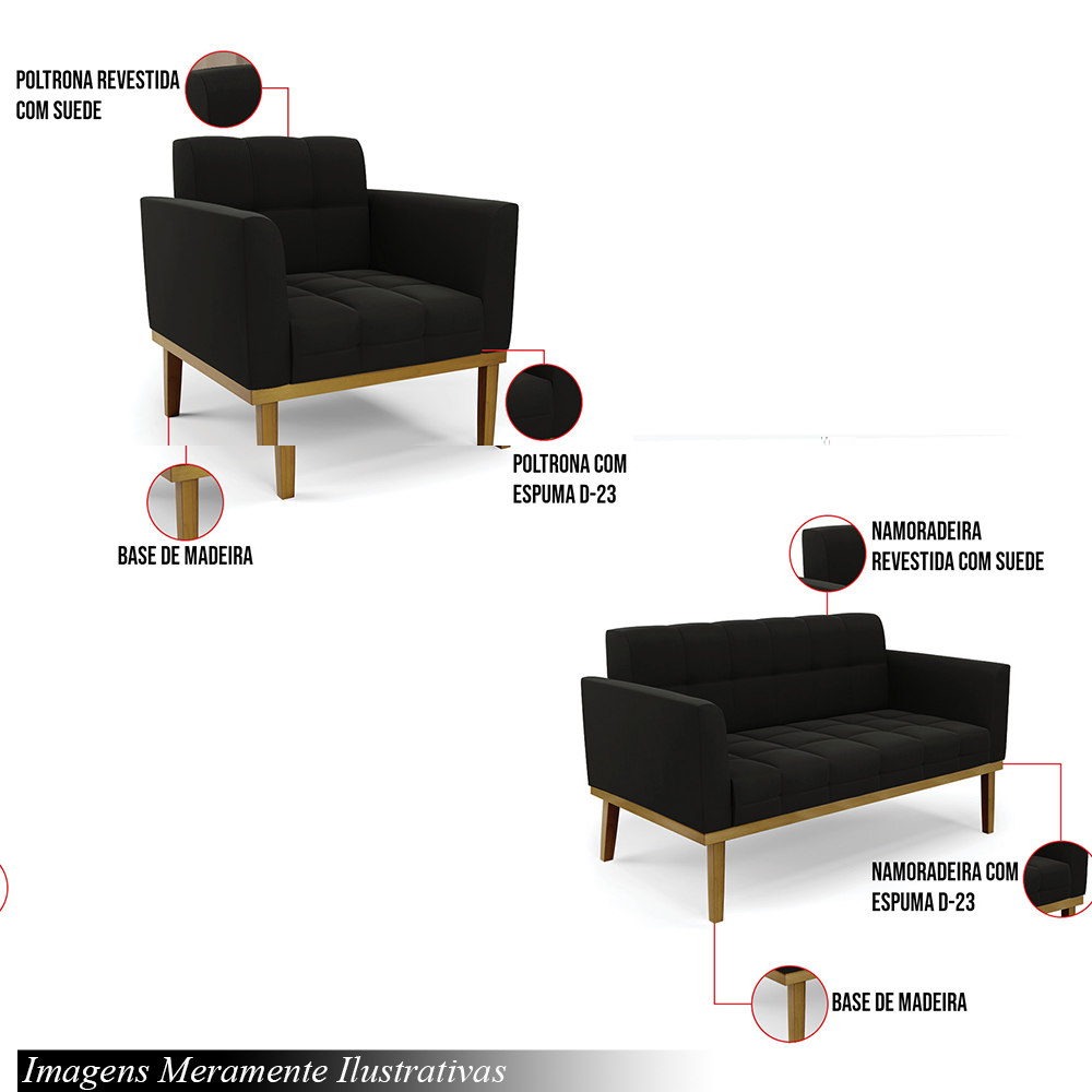 Conjunto 2 Poltronas e 1 Namoradeira Decorativa Karen Pés Fixo em Madeira Castanho Suede Preto G19 - Gran Belo