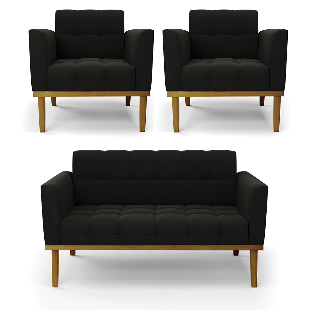 Conjunto 2 Poltronas e 1 Namoradeira Decorativa Karen Pés Fixo em Madeira Castanho Suede Preto G19 - Gran Belo