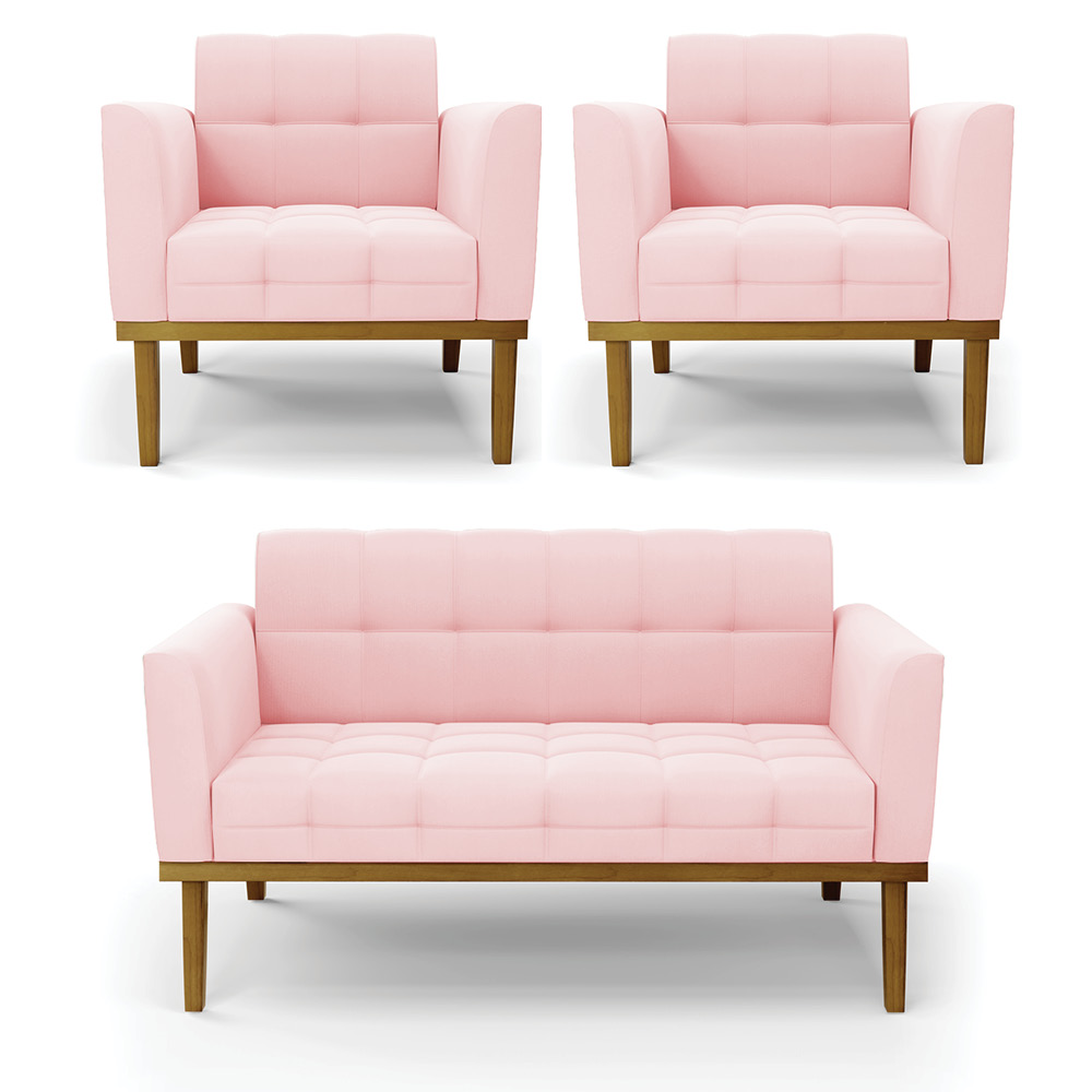 Conjunto 2 Poltronas e 1 Namoradeira Decorativa Karen Pés Fixo em Madeira Castanho Suede Rosa Bebê G19 - Gran Belo