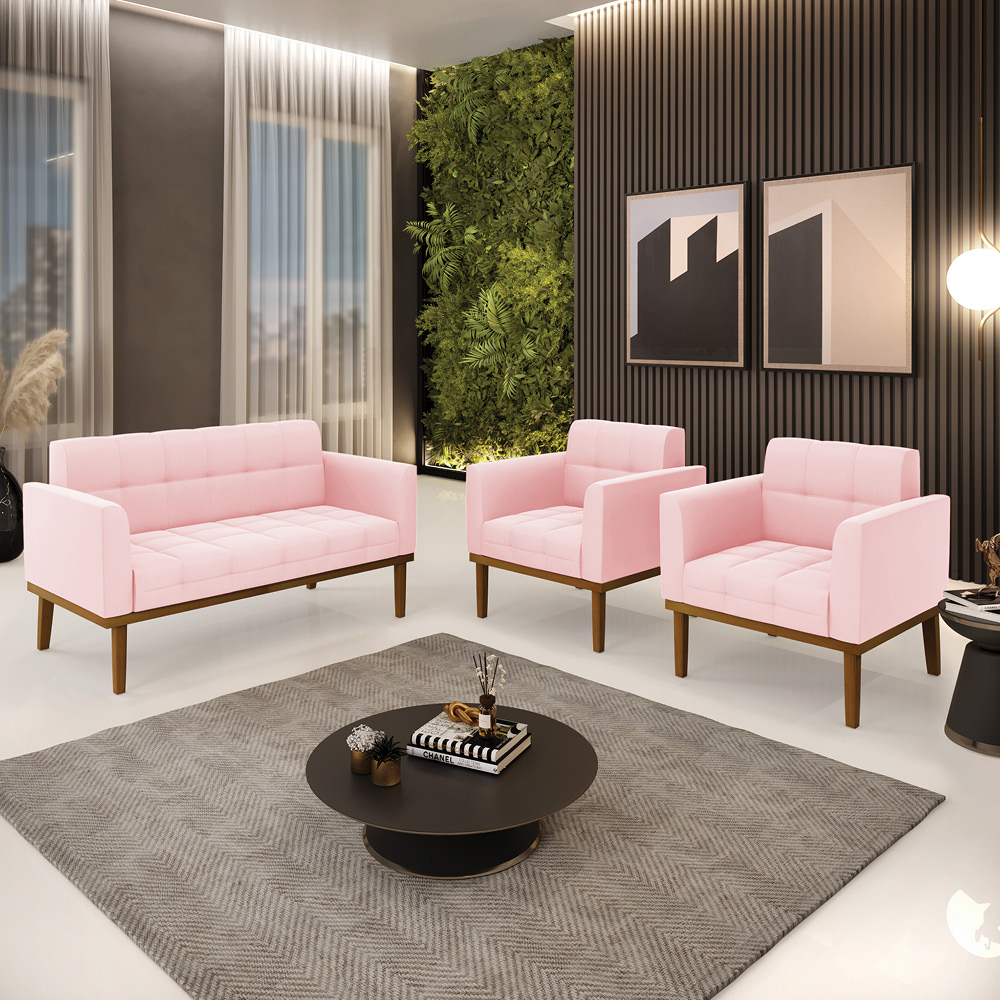 Conjunto 2 Poltronas e 1 Namoradeira Decorativa Karen Pés Fixo em Madeira Castanho Suede Rosa Bebê G19 - Gran Belo