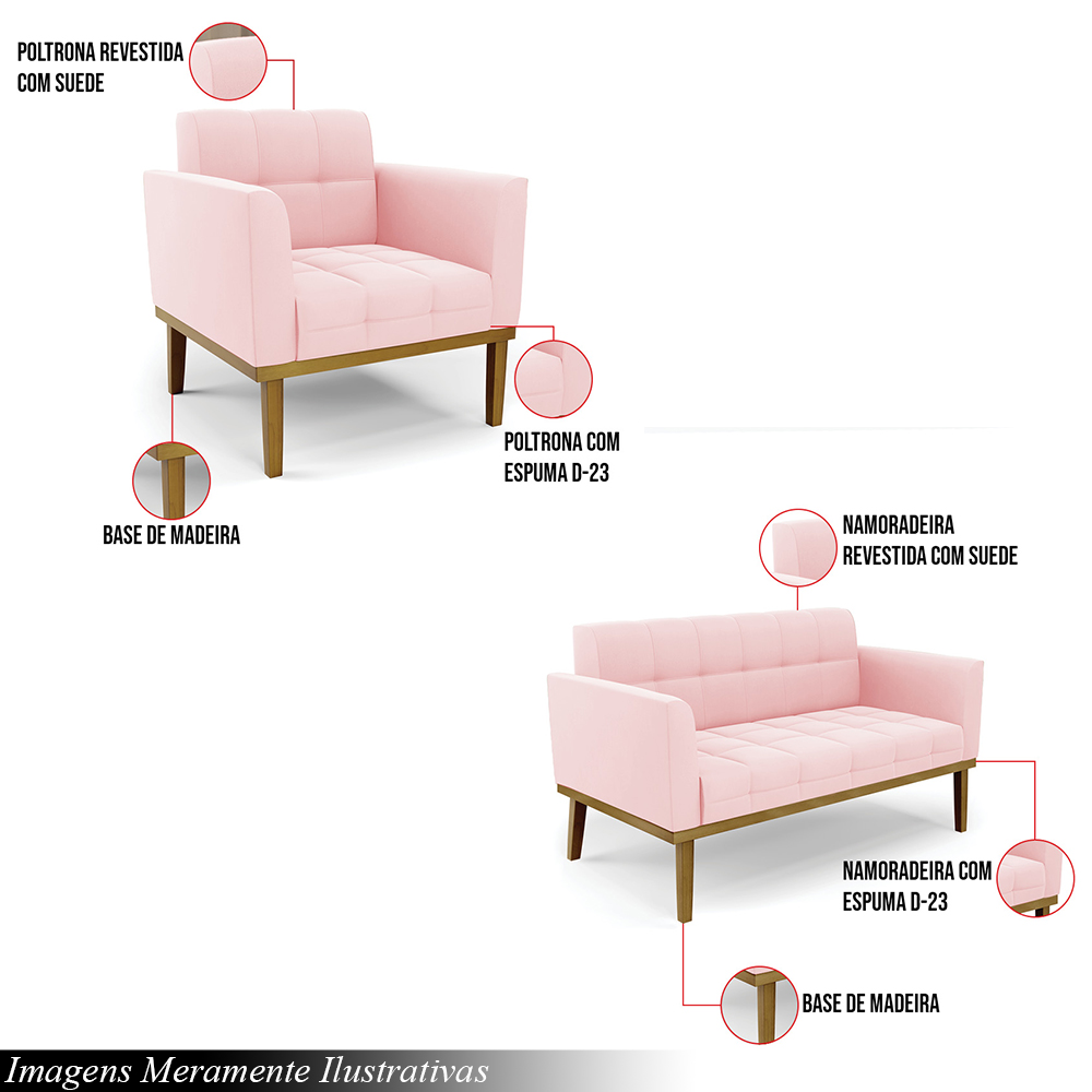 Conjunto 2 Poltronas e 1 Namoradeira Decorativa Karen Pés Fixo em Madeira Castanho Suede Rosa Bebê G19 - Gran Belo