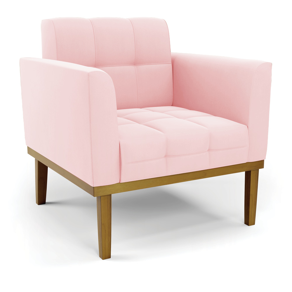 Conjunto 2 Poltronas e 1 Namoradeira Decorativa Karen Pés Fixo em Madeira Castanho Suede Rosa Bebê G19 - Gran Belo