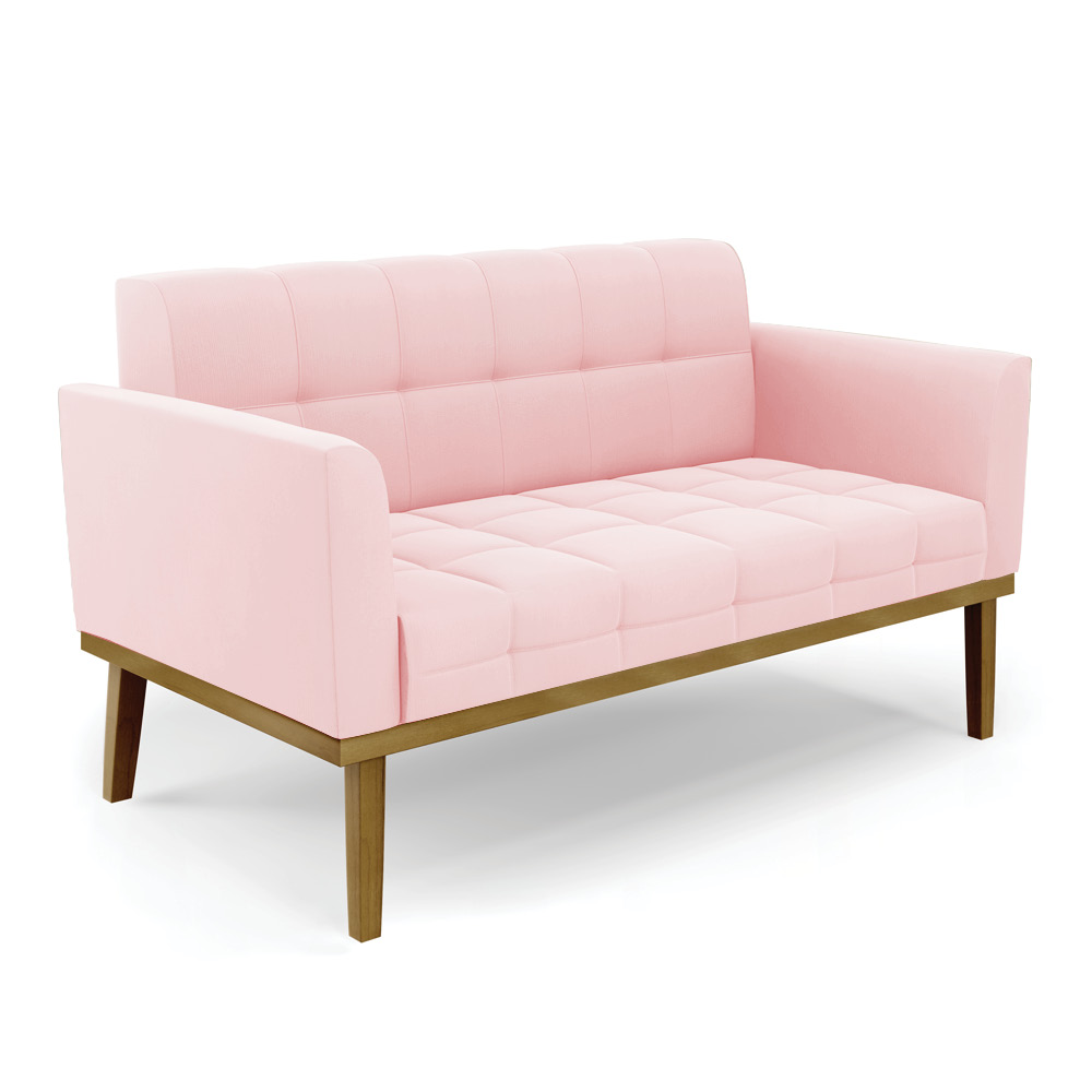 Conjunto 2 Poltronas e 1 Namoradeira Decorativa Karen Pés Fixo em Madeira Castanho Suede Rosa Bebê G19 - Gran Belo