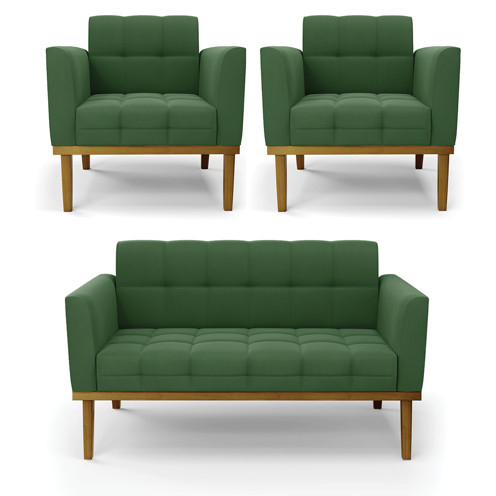 Conjunto 2 Poltronas e 1 Namoradeira Decorativa Karen Pés Fixo em Madeira Castanho Suede Verde G19 - Gran Belo