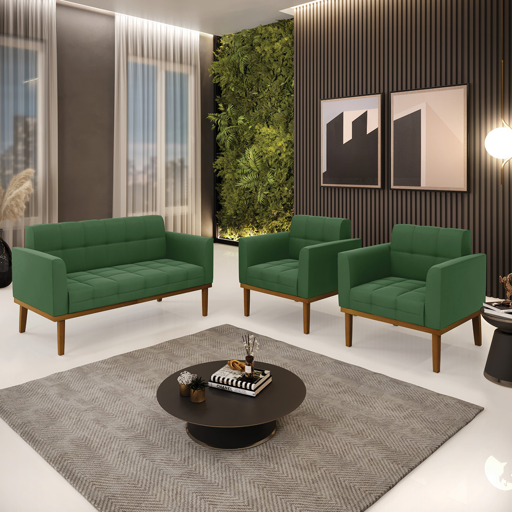 Conjunto 2 Poltronas e 1 Namoradeira Decorativa Karen Pés Fixo em Madeira Castanho Suede Verde G19 - Gran Belo