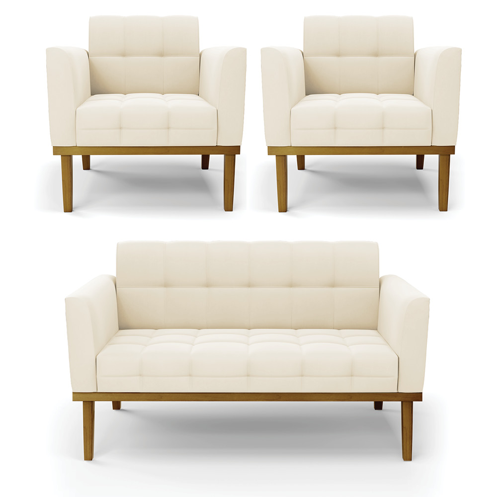 Conjunto 2 Poltronas e 1 Namoradeira Decorativa Karen Pés Fixo em Madeira Castanho Veludo Bege G19 - Gran Belo